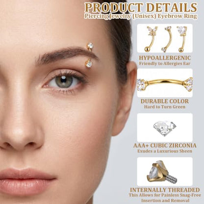 16 Pcs Rook Piercing Jewelry Eyebrow Piercing Stainless Steel Vertical Labret Lip Jewelry 16G Gold Cartilage Curved Barbell Daith Surface Tragus Belly Lip Ring Body Piercing Jewelry for Women