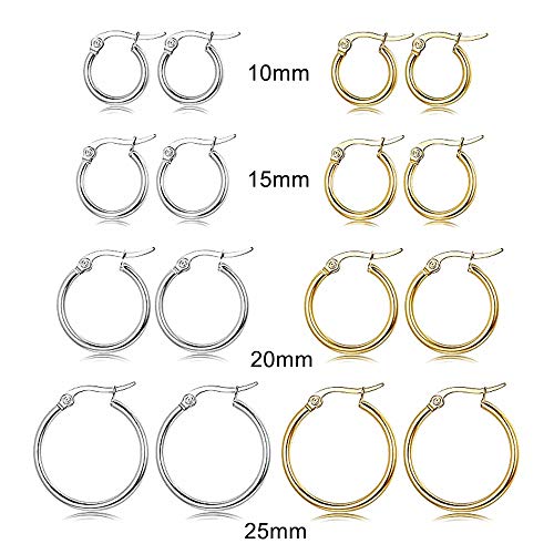 4 Pairs Stainless Steel Round Hoop Cute Huggie Earrings For Women Small Hoop Earring Set(10mm,15mm,20mm,25mm) - color: Gold Tone-4Pairs,Silver Tone-4Pairs