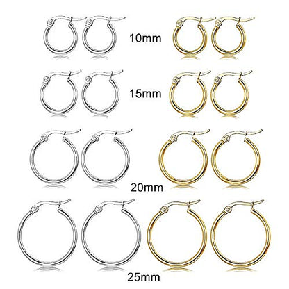 4 Pairs Stainless Steel Round Hoop Cute Huggie Earrings For Women Small Hoop Earring Set(10mm,15mm,20mm,25mm) - color: Gold Tone-4Pairs,Silver Tone-4Pairs