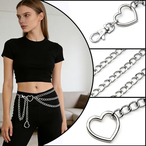 3 Layered Metal Waist Chain Belt for Women Moon & Sun Belly Belt Body Chain Jewelry for Dress Jeans - color: Silver-heart