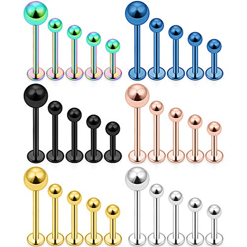 15-30PCS 16G Surgical Steel Labret Studs Monroe Lip Rings Cartilage Tragus Nail Conch Helix Earring Barbell for Women Men Piercing Jewelry 5 Colors 6-12mm - color: 30Pcs-Mix Size and Color