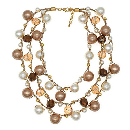 utop JNF Hand made Pearl Statement Necklace for Women Rhinestone Multilayer Crystal Necklaces Chunky Pearl Necklace Large Pearl Necklace and Earrings Set for Mother Mom's gift - color: champagne pearl necklace 3layers