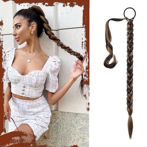 Long Braid Ponytail Extension with Hair Tie Straight Sleek Wrap Around Hair Extensions Braid Pony Tail Fluffy Natural Soft Synthetic Hairpieces for Women Daily Wear, 26 inch-Brown with Blonde | Long Synthetic Braids Extensions for Women Daily Braids 26 in