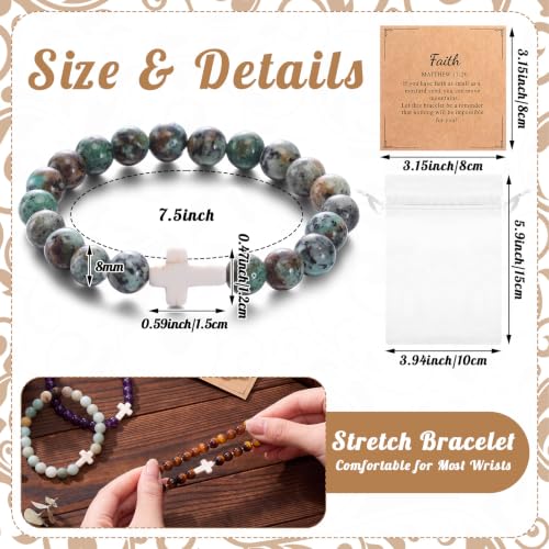Kingdder 16 Set Christian Cross Beaded Bracelets Bulk with Inspirational Cards Organza Bags, Natural Stone Religious Gifts for Women Men Church Sunday School Communion Vacation Bible School