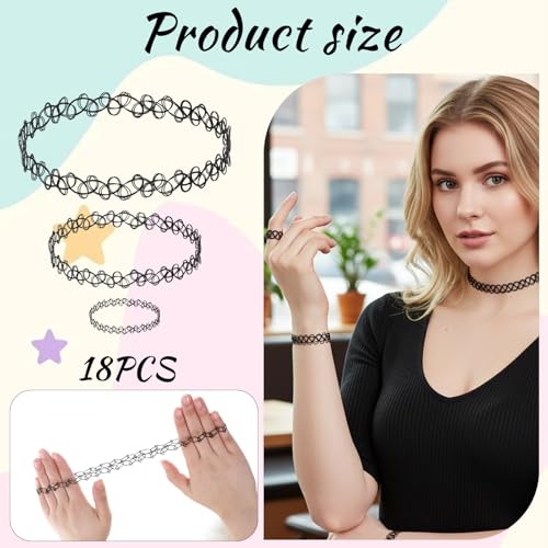 9 Pcs Tattoo Choker Necklace Bracelet Ring Set Tattoo Stretch Collection Gothic Choker Necklaces Y2K Fashion Vintage Elastic Neck Lace Stretchy Tattoos Effect Accessories for Women