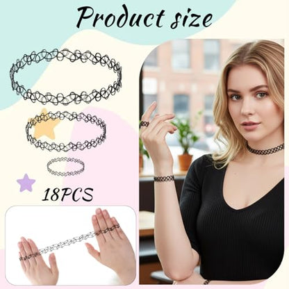 9 Pcs Tattoo Choker Necklace Bracelet Ring Set Tattoo Stretch Collection Gothic Choker Necklaces Y2K Fashion Vintage Elastic Neck Lace Stretchy Tattoos Effect Accessories for Women
