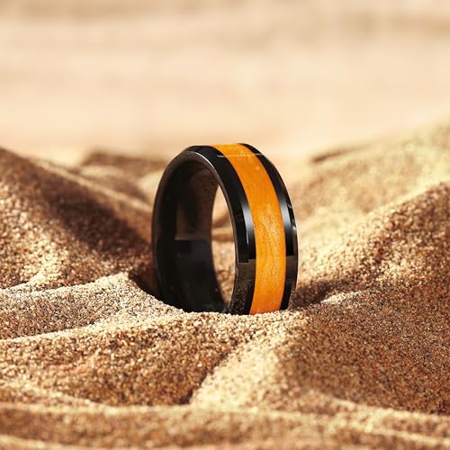 King Will Mens Galaxy Tungsten Wedding Band | 6mm/8mm, Beveled Edge, Comfort Fit, Durable, Sandstone Opal Inlay Polished, Everyday Wear - color: Black&Orange