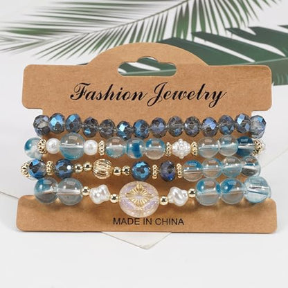 Boho Beaded Bracelet Set for Women - 4 Pcs Multilayer Stackable Crystal Glass Bead Bracelets with Faux Pearl Elastic Stretch Fashion Jewelry for Daily Wear, Beach, Party & Gifts - color: Blue