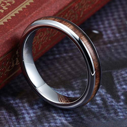 THREE KEYS JEWELRY Tungsten Wedding Band Koa wood Inlay Black Domed | 4mm, 6mm, 8mm, Everyday Wear, Black, Domed, Koa wood inlay - color: Silver 4mm