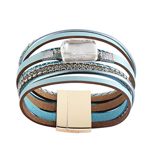 GelConnie Leather Cuff Bracelet Baroque Pearl Wrap Bracelet Gorgeous Gold Tube Bangle Boho Bracelet Bohemian Wristband Jewelry Gift for Women Wife - color: Charm Leather Bracelet-Blue