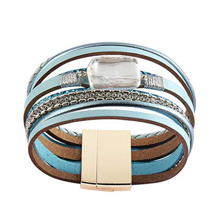 GelConnie Leather Cuff Bracelet Baroque Pearl Wrap Bracelet Gorgeous Gold Tube Bangle Boho Bracelet Bohemian Wristband Jewelry Gift for Women Wife - color: Charm Leather Bracelet-Blue