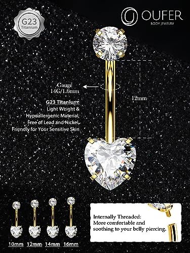 OUFER Titanium Belly Button Rings, Gold Belly Button Piercing, Heart Internal Thread Navel Piercing Jewelry, Long Belly Rings for Women - color: Black