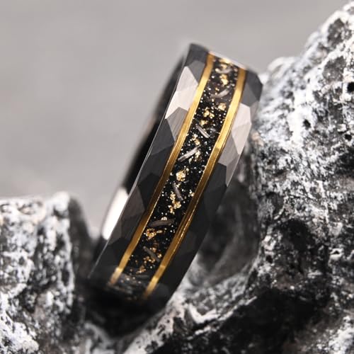Tungsten Rings for men Black Hammered Men's Wedding bands | 8mm Inlaid Gold Foil Meteorite and Golden Grooves High Polish Matte Brushed Men's Engagement Rings Suitable for Anniversary - color: 8mm black