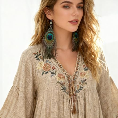Feather Earrings for Women, Sterling Silver Hook Boho Style Peacock Long Feather Jewelry - color: Peacock Feather-1