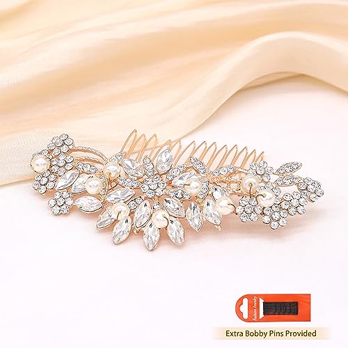 Rose Gold Wedding Hair Comb With Pearls and Crystals Wedding Hair Accessories Bridal Headpiece Or For Parties (Rose God) - color: Rose Gold