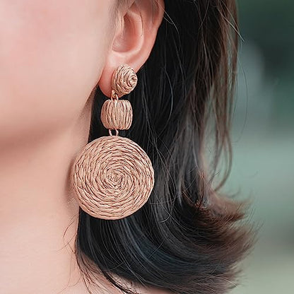 Statement Raffia Boho Round Dangle Ball Earrings - Cute Handmade Summer Bohemian Dangling Jewelry for Women - color: Wheat
