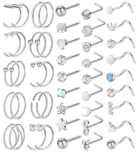 27-60 Pcs Nose Rings for Women Nose Piercing Jewelry Silver Nose Rings Studs 20G Surgical Nose Rings Hoops Nose Rings L Shaped Studs Screw Stainless Steel Nose Piercings for Women Men - color: Silver C-47 Pcs