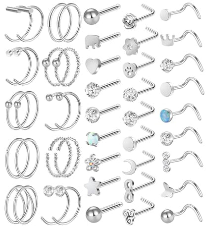 27-60 Pcs Nose Rings for Women Nose Piercing Jewelry Silver Nose Rings Studs 20G Surgical Nose Rings Hoops Nose Rings L Shaped Studs Screw Stainless Steel Nose Piercings for Women Men - color: Silver C-47 Pcs