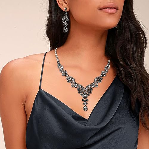 EVER FAITH Rhinestone Crystal Bridal Floral Wave Teardrop Necklace Earrings Set - color: 2pcs_Grey