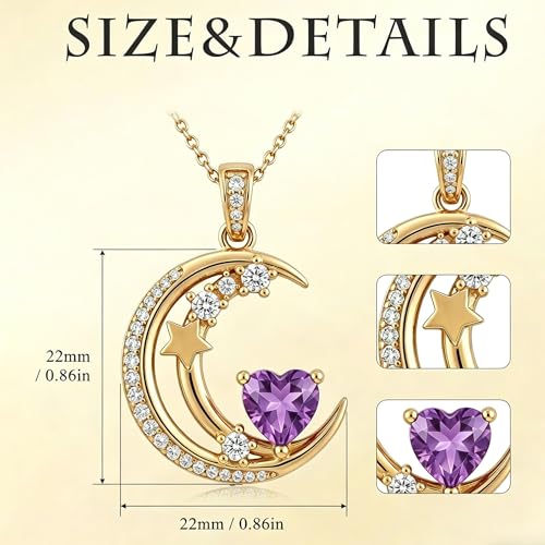Midari 18K Gold Moon Star Necklace Moon Star Pendant Necklace with 12 Months Birthstones Moons Jewelry Gifts for Women Mom Her - color: 02-February