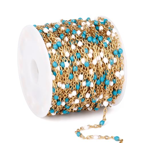 33FT 2mm Gold Cable Chains Blue White Enamel Chains Bulk for Jewelry Making | 18K Gold PVD Plated Stainless Steel Enamel Beaded Chains Roll for Necklace Bracelet - color: Gold Blue White Beads