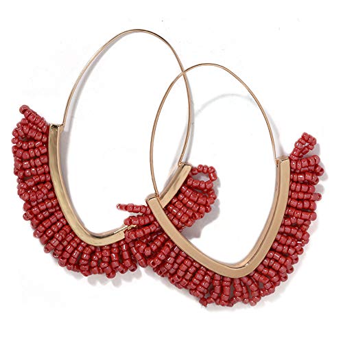 V-Shaped Beaded Dangle Earrings - Statement Drop Fringe Earrings, Boho Handmade Tassel Jewelry Gift for Women - color: Red