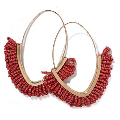 V-Shaped Beaded Dangle Earrings - Statement Drop Fringe Earrings, Boho Handmade Tassel Jewelry Gift for Women - color: Red