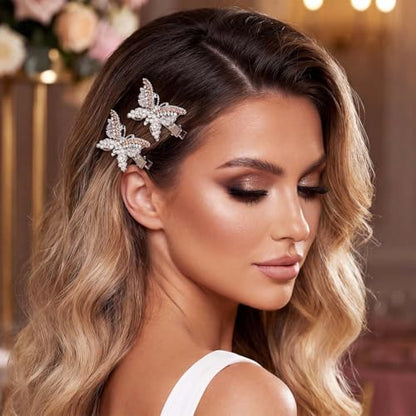 BARTOSI Butterfly Hair Clips Gold Fancy Hair Clip Rhinestone Butterfly Hair Accessories for Women and Girls (Pack of 2) - color: Silver