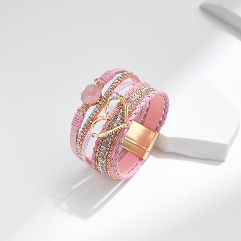 Multilayer Faux Leather Wrap Bracelet with Open Heart Charm Bohemian Stackable Crystal Clasp Bracelet for Women Birthday Gift - color: Pink
