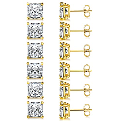 Stud Earring Set for Women Men 18K Yellow/White Gold Plated Princess Cut 4 Prong Graduated Square Clear Cubic Zirconia Pakc of 6 Pairs 3-7mm - color: Yellow gold-7mm-6 pairs