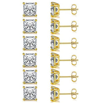 Stud Earring Set for Women Men 18K Yellow/White Gold Plated Princess Cut 4 Prong Graduated Square Clear Cubic Zirconia Pakc of 6 Pairs 3-7mm - color: Yellow gold-7mm-6 pairs