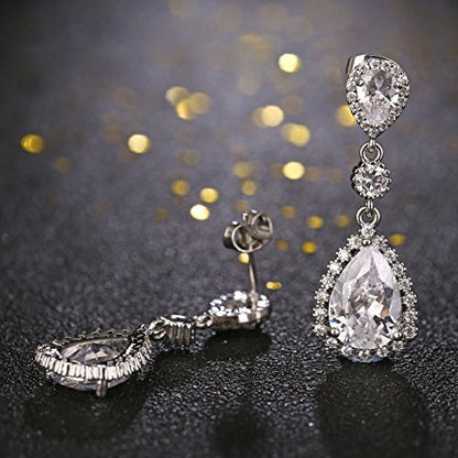 Teardrop Dangle Earrings for Wedding - Sparkly Sterling Silver Cubic Zirconia Crystal Rhinestone Drop Earrings Pierced Austrian Style Hypoallergenic Earrings Womens Bridal Jewelry - style: Teardrop Earrings (Silver)