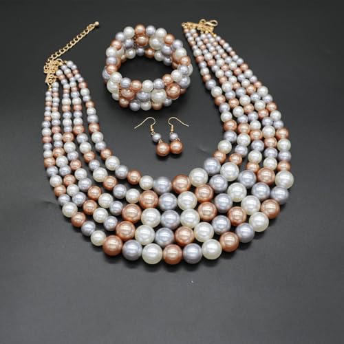 Faux Big Pearl Srand Necklaces for Women 5 Layers Pearls Choker Bib Collar Necklace Bracelet and Earrings set 1920s Costume Pearl Jewelry Bridal Wedding - color: colorful champagne