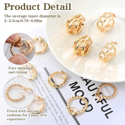 5 Pairs Gold Clip On Hoop Earrings for Women, Stylish Chunky Gold Hoops Earrings Set Golden Clip on Earring No Piercing Fake Earring Set