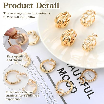 5 Pairs Gold Clip On Hoop Earrings for Women, Stylish Chunky Gold Hoops Earrings Set Golden Clip on Earring No Piercing Fake Earring Set