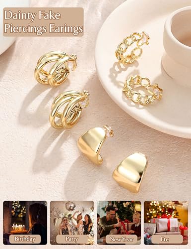 11 Pairs Clip on Earrings for Women 14K Gold Plated Clip Earring | Hypoallergenic Earrings for Non Pierced Ears, Chunky Cubic Zirconia Pearl Knot Flower Fake Ear Clips Set Jewelry - color: 14K Gold Plated