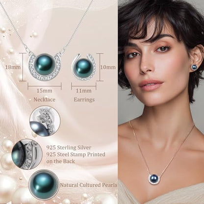 YAMI Pearl Jewelry Set for Women, Natural Cultured Pearl Necklace&Earrings | 11-12mm Pearl, 925 Sterling Silver with 5A Cubic Zirconia, Wedding Jewelry Sets, Valentine's Day/Mother's Day/Christmas Gift - color: Black