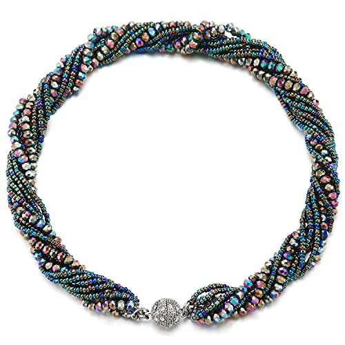 COOLSTEELANDBEYOND Multi-Layer Beads Crystal Braided Chain Choker Collar Magnetic Clasp,Statement Necklace, Bracelet - color: P-Necklace Colorful Color-02