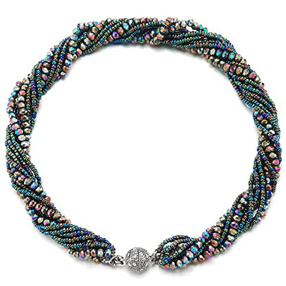 COOLSTEELANDBEYOND Multi-Layer Beads Crystal Braided Chain Choker Collar Magnetic Clasp,Statement Necklace, Bracelet - color: P-Necklace Colorful Color-02