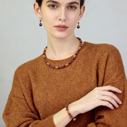 Beaded Necklaces for Women 3Pcs Colorful Boho Gemstone Bead Choker Summer Natural Stone Surfer Beach Bead Necklace Bracelets Earring Set Handmade Jewelry for Women Gift Jewelry Sets - color: Red