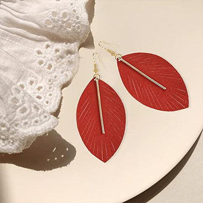 GBAHFY Feather Leather Layered Fringe Earrings for Women Boho Genuine Lightweight Leather Leaf Tassel Dangle Statement Earrings with Metal Bar - color: Red