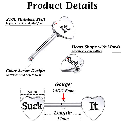 Hicarer 3 Pairs Women Breast Rings 14g Stainless Steel Breast Rings Tongue Barbell Heart Shape Body Piercing Jewelry - style: Classic Style