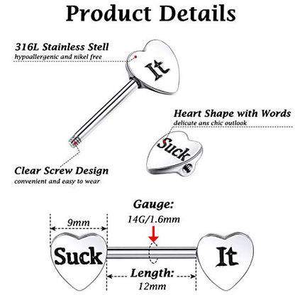 Hicarer 3 Pairs Women Breast Rings 14g Stainless Steel Breast Rings Tongue Barbell Heart Shape Body Piercing Jewelry - style: Classic Style