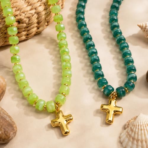 Colorful Resin Chunky Beaded Necklace for Women Modern Statement Choker Necklace with Gold Tone Cross Pendant Boho Summer Jewelry Gift - color: Emerald Green-1