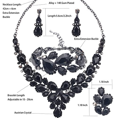 Women's Wedding Bridal Austrian Crystal Glass Teardrop Statement Necklace Dangle Earrings Bracelet Ring Wedding Party Jewelry Set for Bridal Bridesmaid - color: All Black-Jet