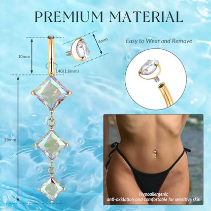 GAGABODY G23 Titanium Dangly Belly Button Ring Long Belly Rings Belly Piercing Jewelry 14G 3/8 inch 10mm Navel Barbell CZ Navel Piercing Ring - color: Style1:Gold+Dangle Square Shape Clear ABCZ