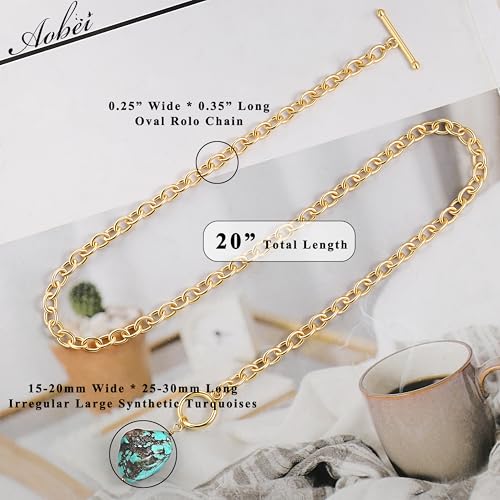 Aobei Pearl 18K Gold Plated Moon Star Lion Evil Eye Love Heart Cross Pendant Necklace Medallion Paperclip Chian Choker Layering Jewery for Women - color: Green-blue Synthetic Turquoise