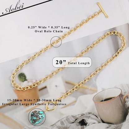 Aobei Pearl 18K Gold Plated Moon Star Lion Evil Eye Love Heart Cross Pendant Necklace Medallion Paperclip Chian Choker Layering Jewery for Women - color: Green-blue Synthetic Turquoise