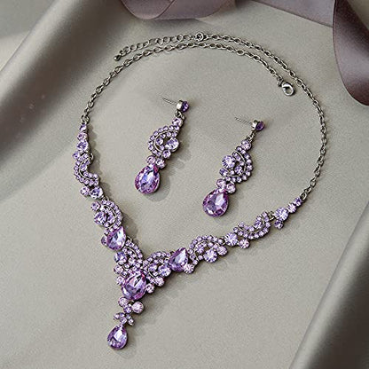 EVER FAITH Rhinestone Crystal Bridal Floral Wave Teardrop Necklace Earrings Set - color: 2pcs_Light Purple