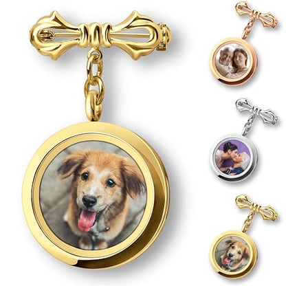 Personalized Photo Wedding Bouquet Charm, Double Sided Round Glass Photo Locket Pendant Pin Brooch, Handmade Memorial Picture Frame Bridal Shower Gift For Bride & Groom - color: Round Large - Gold